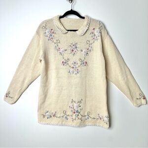 Vintage Cottagecore Coquette Embroidered Floral Crochet Peter Pan Collar Sweater
